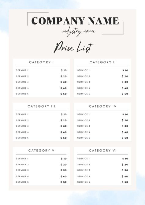 A printable price list template is a professional and customizable document that can be used by businesses to showcase their products or services and their corresponding prices.  The template is created using the Canva graphic design platform. The template can be edited and customized to fit the specific needs of your business. You can add your company logo, change the colors and fonts, and rearrange the layout to best showcase your products or services. The price list can be printed on standard paper sizes and used as a hardcopy document or can be shared electronically as a PDF. A printable price list template designed in Canva is an excellent option for small businesses, entrepreneurs, and freelancers who need to showcase their prices and services to potential customers. After purchase y Price List For Graphic Design, Party Decor Price List, Graphic Design Services Price List, Price Sheet Template, List Of Services Template, Price Template Design, Pricing Table Design Layout, Pricing Template Design, Interior Design Price List