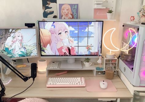 Two Monitor Desk, 2 Monitor Desk Setup, Double Monitor Setup, Study Core, Dual Monitor Setup, Dream Setup, Gaming Aesthetic, Gamer Desk, Dual Monitor