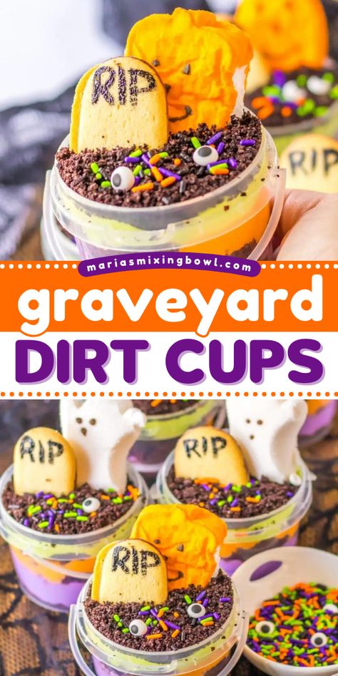 In search of Halloween treats for parties? Here's a Halloween dirt cup recipe! It's an easy Halloween dessert kids will love. With a combo of cake, pudding, and crushed Oreos, these DIY Graveyard Dirt Cups are cute and fun! Chocolate Pudding Halloween Dessert, Halloween Dirt Cake Recipe Easy, Make Your Own Dirt Cup Bar, Graveyard Oreo Dirt Cake, Grave Yard Pudding Cup, Halloween Oreo Dirt Cake, Graveyard Dirt Cups, Individual Dirt Cake Cups, Graveyard Pudding Cups