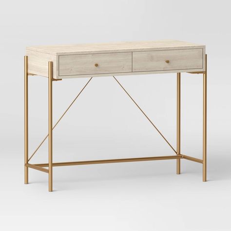 Add a vintage touch to your space with the Elowen Desk with Drawer from Threshold™. This rectangle desk features a laminated metal frame in a brass finish for a classic look. The wooden drawers complement the frame, and give you ample space for your stationery and office supplies. Simply use it in your study area or home office for a workspace or storage option. Threshold™: Looks like home, feels like you. Cute Desks For Bedrooms, Vanity Desk Ideas Bedroom, Target Desk, Apartment Refresh, Natural Wood Desk, Boho Desk, Apartment Shopping, Bedroom Vanity Set, Chic Apartment