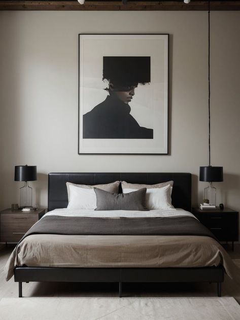 Hang a large, bold art piece above the bed for a masculine touch. Incorporate sleek and minimalist furniture such as a leather chair and industrial-style nightstand for a modern look. Masculine Decor Apartment, Modern Masculine Bedroom, Masculine Bed, Masculine Apartment, Masculine Interior Design, Masculine Interior, Masculine Decor, Masculine Bedroom, Style Nightstand