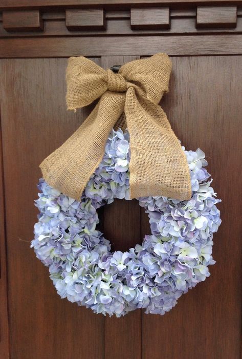 Blue Hydrangea Wreath, Wreath With Burlap, Hydrangea Wreath, Light Lavender, Burlap Ribbon, Lavender Blue, Blue Hydrangea, Fairytale Wedding, Beautiful Wreath