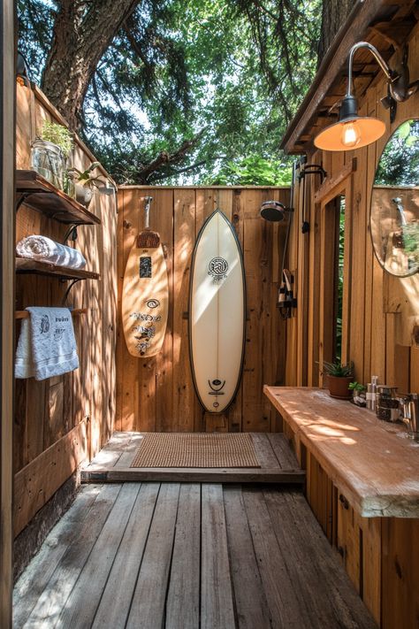 55 Beach-Inspired Outdoor Shower Ideas - TastyInteriors Outdoor Shower And Sauna, Beach Lodge Decor, Outdoor Shower Cabin, Outdoor Beach Bathroom, Cheap Outdoor Shower Ideas, Beach Shower Aesthetic, Summer Shower Ideas, Beach Backyard Ideas, Outdoor Shower Privacy