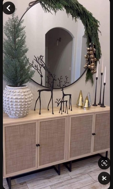 Christmas Decor Credenza, Entryway Cabinet Ideas, Entry Table Christmas Decor Ideas, Christmas Decor Entryway, Christmas Entryway Table Decor, Black Reindeer, Vstupná Hala, Pottery Barn Christmas, Christmas Entryway