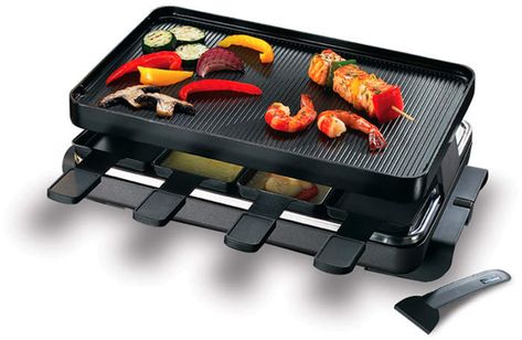 Perfect for parties, this two-tier raclette grill allows you to cook meat, seafood and veggies on the top level while you broil cheese and sauces below. The top grill plate is reversible to provide a flat, smooth surface for pancakes and crêpes. Package includes eight heat-resistant spatulas, eight nonstick raclette dishes with stay-cool handles, and a recipe booklet full of delicious ways to take full advantage of this innovative appliance.  #cooking #food #affiliate #kitchen #ideasforhome Raclette Machine, Swiss Raclette, Raclette Recipes, Raclette Party, Raclette Cheese, Raclette Grill, Grill Plate, Cheese Dishes, Crepe Top