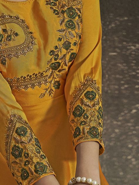 Silk Abaya, Suit Embroidery, Embroidery Beads, Yellow Suit, Velvet Dress Designs, Embroidered Suit, Abaya Style, Boutique Suits, Womens Fashion Casual Outfits