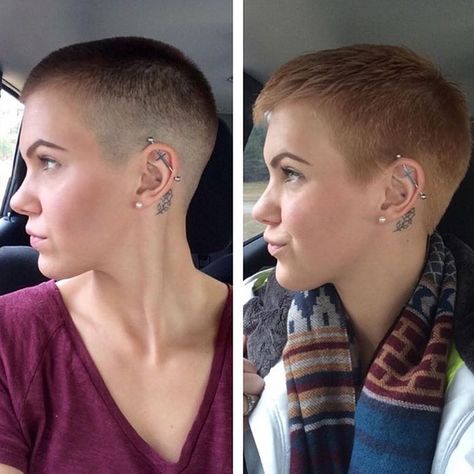 Growing but keeping it buzzed still #Undercut #BuzzCut #GirlsWithShavedHeads Thx @ebmiller6 Stil Rock, Buzz Cut Women, Growing Out Hair, Buzz Cut Hairstyles, Before And After Haircut, Buzzed Hair, Buzz Cuts, Cut Hairstyles, Super Short Hair