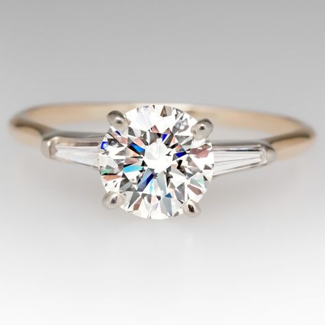 1 Carat Diamond Ring Round, Round Diamond With Baguettes Gold, Round Engagement Ring Baguettes, Round Diamond Ring With Baguettes, Round Diamond Baguette Sides, Round Diamond With Baguettes, 3 Diamond Engagement Rings, Vintage Engagement Rings Round, Engagement Rings Ideas