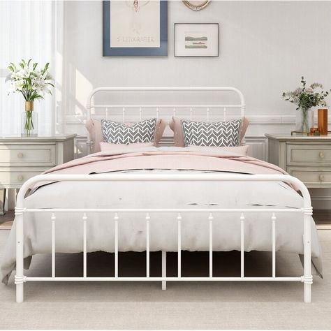 Winston Porter Colina Platform Bed & Reviews | Wayfair Metal Queen Bed Frame, Metal Twin Bed Frame, White Metal Bed Frame, White Metal Bed, Bed Frame With Drawers, Twin Size Bed Frame, Bed Full, Full Bed Frame, White Headboard