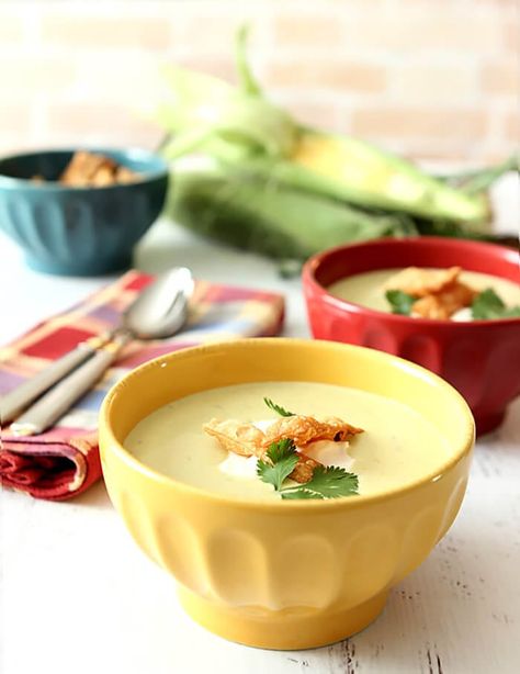 Chicken Gumbo Soup, Poblano Soup, Corn Soup Recipes, Colorado Food, Roasted Poblano Peppers, Poblano Pepper, Sweet Corn Soup, Roasted Poblano, Tortilla Strips