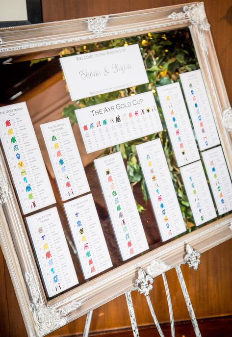 Race card table plan for a horse racing themed wedding! (This was my own table plan & it went down very well with the guests!) xx Horse Racing Wedding Ideas, Horse Racing Decorations, Rugby Wedding, Equestrian Interior, Racing Wedding, Wedding Table Layouts, Seating Arrangement Wedding, Cheltenham Races, Equestrian Wedding