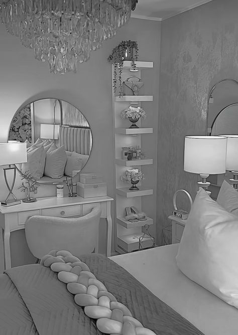 Silver Room Decor Bedroom Luxury, Chavvy Bedroom Ideas, Chavvy Bedroom, Grey And Black Bedroom Ideas, Gray Room Ideas Bedroom, Chav Bedroom, Grey And White Bedroom, Grey And White Room, Girl Apartment Decor