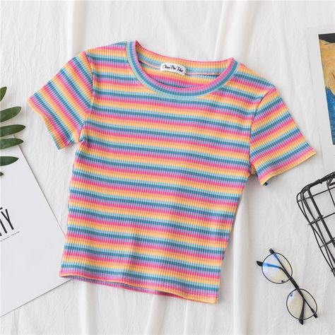 Get your kidcore style on with this rainbow striped short sleeve slim fit tee. perfect for adding a bit of color and flair to any wardrobe. Occasional Outfits, Punk Crop Top, Striped Tops, Rainbow Top, 90s Girl, Clothes Tops, Stripe Outfits, Mode Casual, 90s Retro