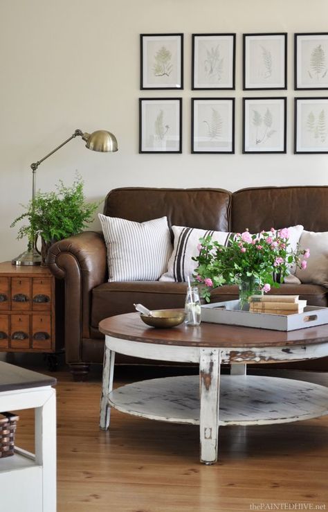 Country Cottage Living Room with Leather Sofa from The Painted Hive Dark Brown Leather Couch, Decor Placement, Brown Leather Couch Living Room, Country Cottage Living Room, Country Cottage Living, Leather Couches Living Room, Brown Living Room Decor, Brown Leather Couch, Leather Sofa Living Room