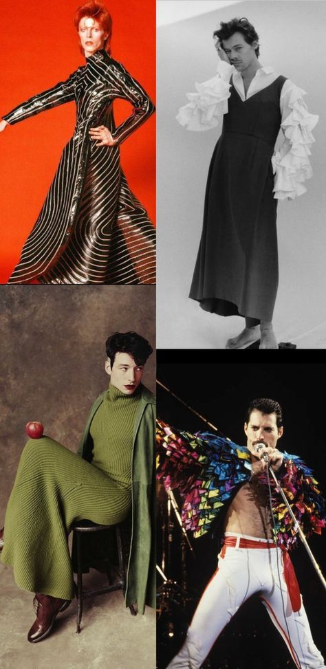 Harry Styles Ezra Miller Freddie Mercury David Bowie ! Freddie Mercury Outfits, Gotham Sirens, Inspo People, Boys In Skirts, Ezra Miller, Gender Fluid, Gender Envy, Fashion Icons, Men's Clothes