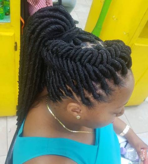 Faux Locs In A Braided Updo Braids Updo Hairstyles, Queen Hairstyles, Updo Hairstyles For Black Women, Black Braided Updo, Faux Braids, Dreadlocks Hairstyles, Ombre Dreads, Braids Updo, Faux Loc