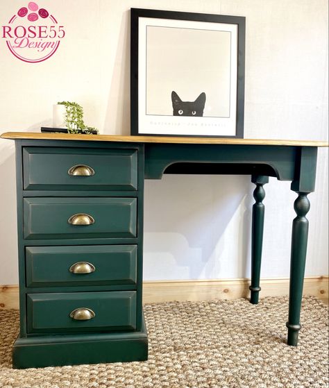 Solid pine dressing table refinished in a dark holly green shade with black and gold detailing. Refinished furniture, available to purchase Dark Dressing Table, Pine Dressing Table Upcycle, Green Desk Ideas, Dark Green Desk, Green Dressing Table, Diy Dressing Table, Upcycled Dressing Table, Ikea Upcycling, Upcycled Desk