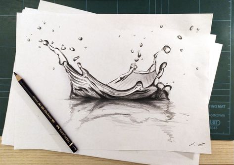 Black pencil sketch on white paper, water splash, drops and reflections. #water #splash #drop #drops #sketch #artwork #watersketch #dropdrawing #waterdraw #draw #dropsketch #blackpencil Splash Water Drawing, 3d Art Sketch, Water Sketch Pencil, Water Drop Sketch, Water Drawing Pencil, Water Reflection Drawing, Water Ink Drawing, Water Splash Drawing, Water Pencil Drawing