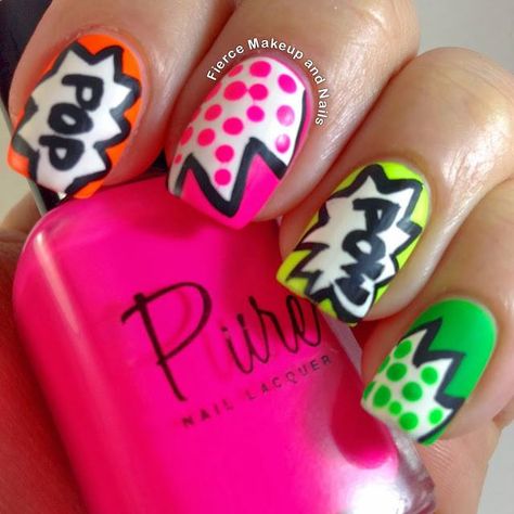 Neon comic design Cartoon Nail Art Designs, Fierce Makeup, Cartoon Nail Art, Bubble Nails, Pop Art Nails, Henna Nails, Beautiful Cartoon, Nail Pops, Disney Nails