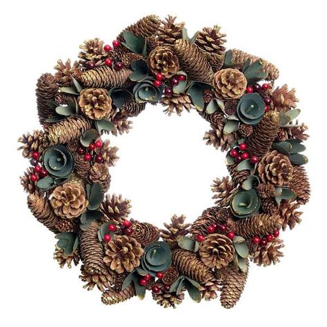 Modern farmhouse meets At Home prices in Honeybloom, our exclusive new brand that celebrates life lived together. Our 16.5in. Honeybloom Pinecone and Wood Curl Christmas wreath is an easy way to add a pop of charm and thought to any space. Bring new life to your porch, patio, kitchen or den with this festive sign of the season. Featuring a traditional holiday theme, this rustic wreath with green wood curl florets will bring years of enjoyment and will create a warm and cozy holiday setting. | Ho Pinecones Ideas, Christmas Pinecone Wreath, Wreath Pinecone, Pinecone Projects, Grapevine Wreath Christmas, Christmas Indoor Decor, Pinecone Wreaths, Pinecone Centerpiece, Pine Cone Christmas Decorations