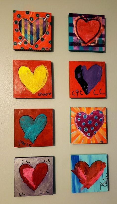 Small Heart Canvas Paintings, Abstract Hearts Painting, Jim Dine Hearts Art Lesson Project For Kids, Abstract Valentine Art, Folk Art Hearts Painting, Heart Art Painting, Heart Art Projects, Vintage Valentine Crafts, Valentine Art Projects