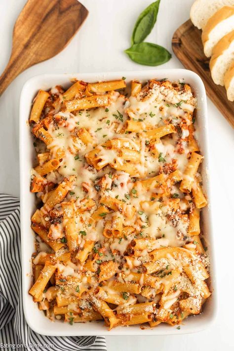 Baked Ziti with Chicken - Eating on a Dime Bow Pasta Recipes, Ziti With Chicken, Chicken Ziti, Baked Ziti With Chicken, Baked Chicken Spaghetti, Chicken Pasta Casserole, Eating On A Dime, Ziti Recipes, Baked Ziti Recipe