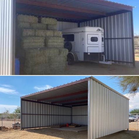 Temporary Horse Shelter, Horse Hay Storage, 2 Stall Horse Barn With Tack Room, Horse Property Ideas, Hay Barn Ideas, Small Horse Farm Layout, Feed Storage Ideas Livestock, Horse Barn Organization Ideas, Tack Box Ideas