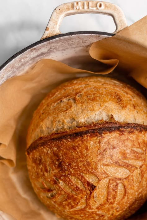 This Dutch oven sourdough bread recipe is perfect for beginners. Learn how to make a classic dutch oven sourdough boule with my master recipe. Dutch Oven Sourdough Bread Recipe, Dutch Oven Sourdough Bread, Dutch Oven Sourdough, Sourdough Boule Recipe, Kefir Cheese, Bakery Oven, Sourdough Boule, Micro Bakery, Sourdough Starters