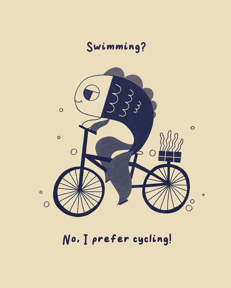 Fish on a bike. Designed by Natalie Shilo. Procreate, graphic design, illustration Fish On A Bike, Procreate Graphic Design, Graphic Design Illustration, I Tattoo, Design Illustration, Cycling, Swimming, Bike, Fish