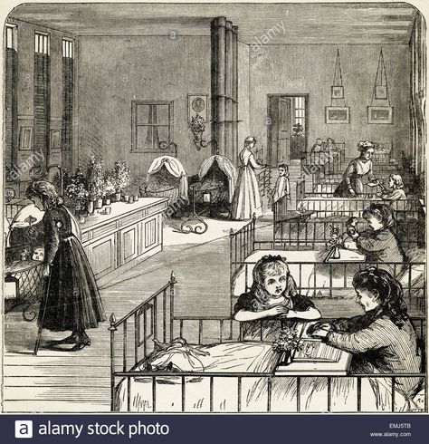 Childrens hospital ward. Victorian woodcut engraving dated 1890 Victorian Hospital, Woodcut Engraving, Hospital Ward, Victorian England, Children Hospital, Childrens Hospital, 19th Century, High Resolution, Stock Images