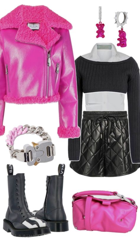 Winter pink bomber jacket #philippplein, pink shoulder bag #offwhite, black leather ankle boots and leather shorts #dolce&gabbana Black Pink Outfit, Pink Shoulder Bag, Black Leather Ankle Boots, Pink Outfits, Leather Shorts, Pink Outfit, Outfit Idea, Leather Ankle Boots, Ankle Boots