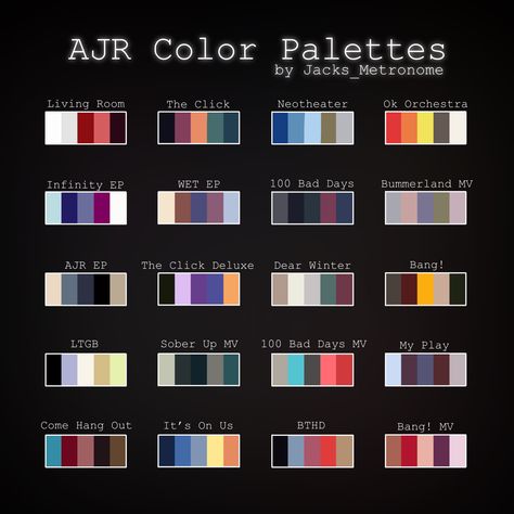 AJR themed color palletes - Neotheater, The Click, Ok Orchestra, Living Room, Infinity, Sober Up, Burn The House Down, My Play, Weak, 100 Bad Days #ajr #ajrbrothers #color #colorpalettes #palette #palletes #neotheater Ajr Inspired Nails, Ajr Ok Orchestra, Ajr Band Tattoo Ideas, The Click Ajr, Song Color Palette, Ajr Fanart, Ajr Aesthetic, Ajr Neotheater, Ajr Wallpaper