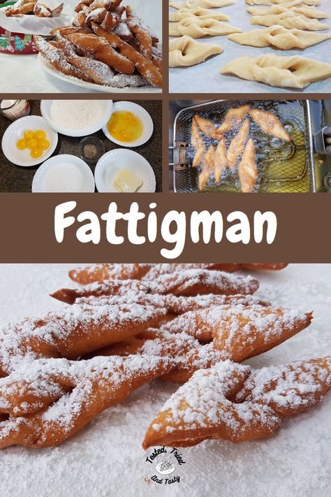 Fattigman, also known as Poor Man's Cookie, is a deep fried ribbon or knot shaped cookie made with simple ingredients and dusted with powdered sugar! Deep Fried Cookies, Fried Dessert, Norwegian Christmas, Delicious Christmas Cookies, Poor Man, Man Cookies, Best Christmas Cookies, Recipes Christmas, Crunchy Cookies