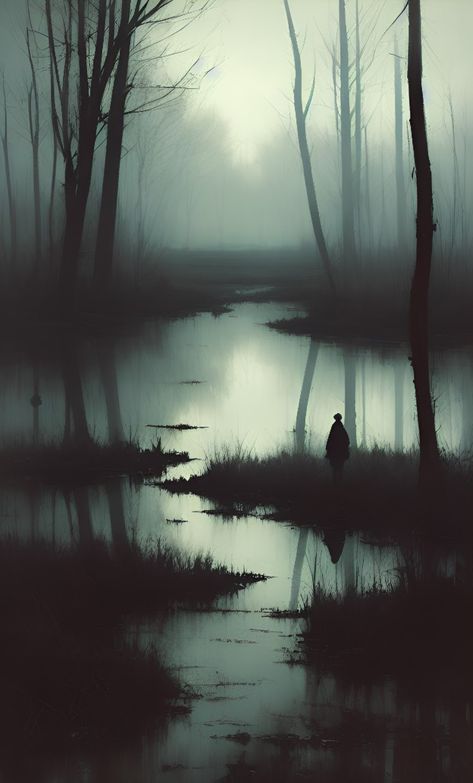 Dark Nature Painting, Dark Forest Drawing, Dark Swamp Aesthetic, Dark Landscape Painting, Dark Forest Illustration, Horror Landscape, Dark Forest Aesthetic Painting, Dark Forest Painting, Swamp Aesthetic