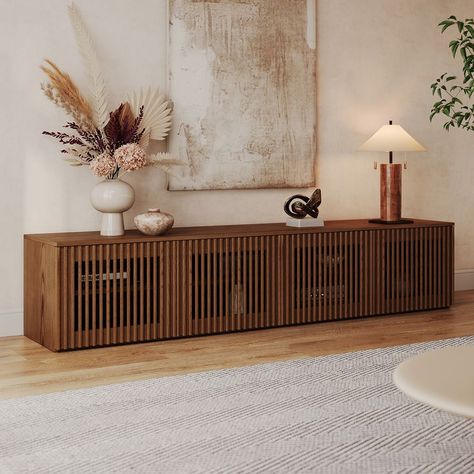 70" Slatted Walnut TV Stand with Storage Tv Console Wall, Mid Century Tv Stand, Tv Console Decor, Tv Credenza, Midcentury Tv Stand, Walnut Tv Stand, Rustic Tv Stand, Art Deco Living Room, Japandi Living