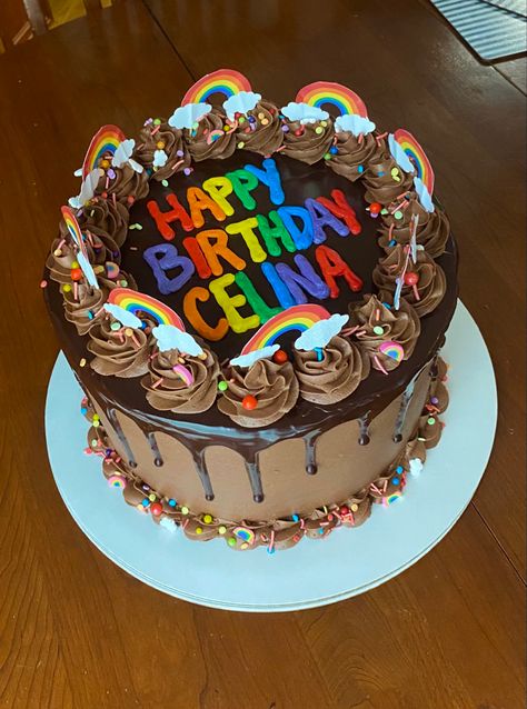 Chocolate cake with chocolate icing, chocolate ganache drip, and rainbow letters #cake #pride #cakedesign #cakedecorating #rainbow #chocolateganache #chocolate Rainbow Chocolate Cake, Chocolate Rainbow Cake, Numberblocks Birthday, Cake With Rainbow, Chocolate Ganache Drip, Rainbow Chocolate, Icing Chocolate, Ganache Drip, Rainbow Layer Cakes