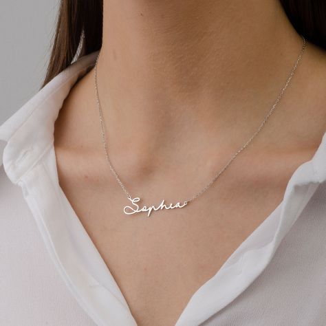 "♥Name Necklace ♥ * Material: High Quality Solid 925 Sterling Silver * Finish: Sterling Silver ∙ 18K Gold ∙ Rose Gold * All our jewelry is made by hand with Love STERLING SILVER 925 ♥ We use real Sterling Silver 925 ♥ ♥ How to customize Order? ♥ 1) Select Color 2) Select Chain length 3) Click \"Add to Cart\" 3) Will need work name or letters write to the text box (like: Alis ♥ Laura -S♥G ) 4) Checkout 5) Complete order ♥ Shipping & Package ♥ * Your order will be shipped within 5 days (on bus Silver Necklace With Name, Name Chain Silver Design, Cursive Name Necklace, Silver Chain For Women Unique, Simple Necklace Designs, Silver Name Necklace, Name Necklace Silver, Handwriting Necklace, Sterling Silver Name Necklace