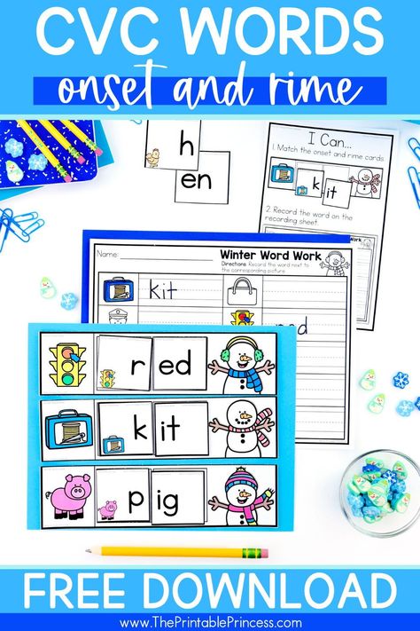 Practicing onset and rime with your kindergartners? This CVC freebie allows your students to manipulate letter cards as they build words to match pictures. After your students form the words, they'll practice writing CVC words on their recording sheet. Winter Cvc Words Kindergarten, Free Cvc Activities, Onset Rime Activities Preschool, Onset And Rime Activities Free, Onset Rime Activities, Cvc Freebie, Onset And Rime Activities, Syllables Kindergarten, Short I Activities