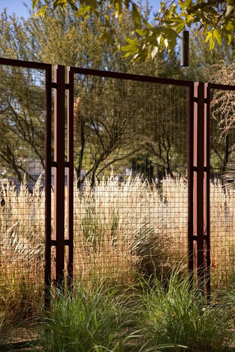 Landscapes — Bosky Landscape Architecture Desert Fence Ideas, Metal Fence Design, Fence Architecture, Ranch Fence, Metal Fences, Ranch Fencing, Deer Fence, Fencing & Gates, Garden Screening