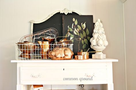 common ground : Vintage Market Finds and the Copper Stash Kitchen Shelf Cabinet, Fruit Topiary, Wicker Settee, Kitchen Cabinet Shelves, Back Porches, Chalk Wall, Shelf Cabinet, Fruit Crate, Majolica Pottery