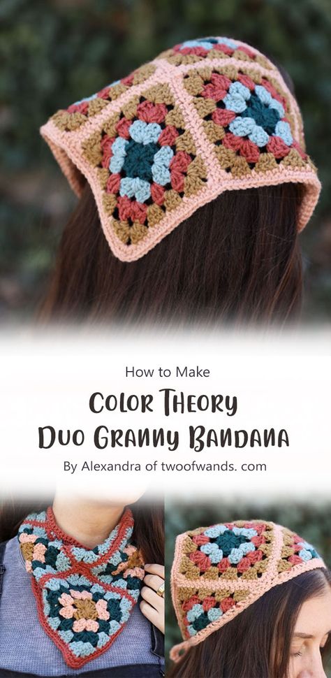 In this pattern Alexandra shows us how to make a Duo Granny Bandana that is perfect for summer days. Crochet Granny Square Hair Bandana Free Pattern, Granny Square Headband Pattern Free, Crochet Bandanna Free Pattern, Granny Square Bandana Crochet, Crochet Granny Square Bandana, Crochet Bandana Pattern Free, Granny Square Bandana, Crochet Headbands, Crochet Bandana