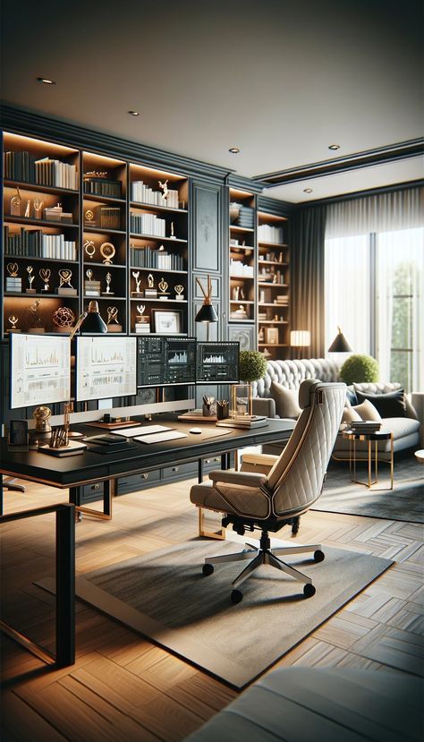 Home Office Multiple Monitors Design, Office Boss Room, Office Multiple Monitors, Multiple Monitors Home Office, Hamptons Study, Loft Office Ideas, New Classic Interior Design, New Classic Interior, Masculine Home Office