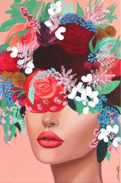 Woman With Flowers Painting, Flower Head Painting Aesthetic, Flowers In Hair Painting, Women Flower Head Wallpaper, Painting Woman Flowers Head, Graffiti Flowers, Realistic Paintings, Arte Floral, Colorful Paintings