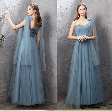 Tulle Dress Dusty Blue, Bridesmaid Gown Tulle, Dusty Blue Gowns Elegant, Dusty Blue Maid Of Honor Dress, Long Gown Wedding Guest, Dusty Blue Dress Formal, Dusty Blue Bridesmaid Dresses Long, Tulle Gown Bridesmaid, Tulle Infinity Dress