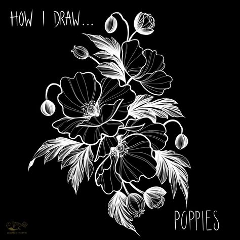 How To Draw Poppies, Draw Poppies, Black Poppy Tattoo, Landscape Pencil Drawings, Line Art Flowers, Poppy Drawing, Monochromatic Art, Poppies Tattoo, Black Paper Drawing