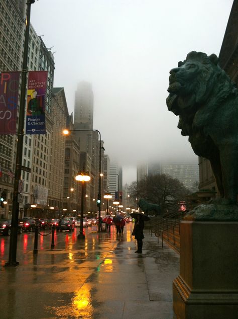 A rainy day on Michigan Avenue outside of the Art Institute of Chicago. Rainy Chicago Aesthetic, Streets Of Chicago, Windy City Aesthetic, Chicago Rainy Day, School Of The Art Institute Of Chicago, Art Institute Of Chicago Aesthetic, Chicago Autumn, Rainy Chicago, Jeneva Rose