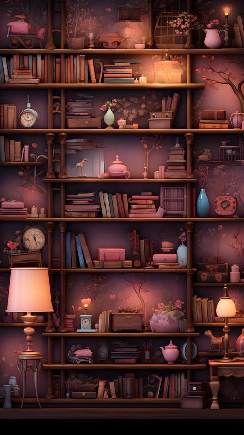 A captivating wallpaper depicting a room with dark pink bookshelves, whimsical and surreal, filled with photorealistic details and detailed character illustrations, perfect for a cozy and enchanting phone background. Pink Whimsical Wallpaper, Orange Library Aesthetic, Bookshelves Illustration, Dark Brown Palette, Bookshelves Wallpaper, Pink And Brown Wallpaper, Bookish Wallpaper Iphone, Bookish Wallpaper, Enchanting Wallpaper