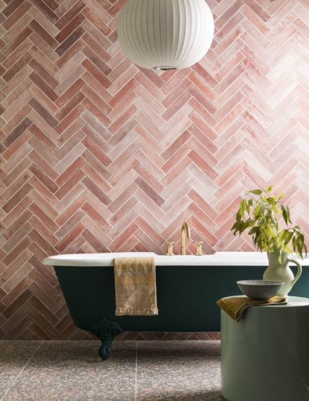 Ways to Lay: 5 Unique Tile Laying Patterns | Mandarin Stone Tile Laying Patterns, Pink Tile Bathroom, Green Terrazzo, Indoor Outdoor Bathroom, Mandarin Stone, Colorful Interior, Unique Tile, Pink Tiles, Deco Luminaire