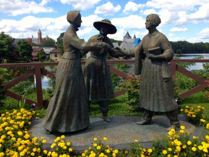 The Freethought Trail - who knew? In Upstate NY there is a "Freethought Trail" fleshing out the historical contributions of people who questioned religion including Elizabeth Cady Stanton, Susan B. Anthony and Amelia Bloomer, memorialized here in a statue Amelia Bloomer, Elizabeth Cady Stanton, Seneca Falls, New England Road Trip, Gender Issues, Autumn In New York, South Bank, Unusual Things, Autumn Activities