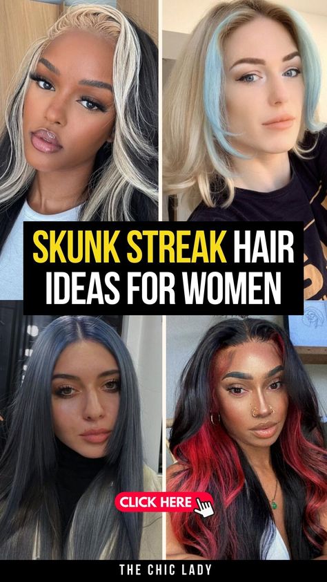 Get Bold with These 15 Skunk Streak Hair Looks! Skunk Hair Highlights, White Streaks In Black Hair, Skunk Streak Hair, Colorful Twists, Streak Hair, Skunk Stripe Hair, Hair Ideas For Women, Skunk Hair, Models Outfits